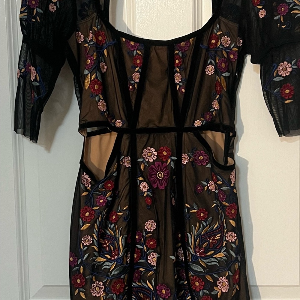 For Love And Lemons Red and Pink Sheath Dress with Puff Sleeves